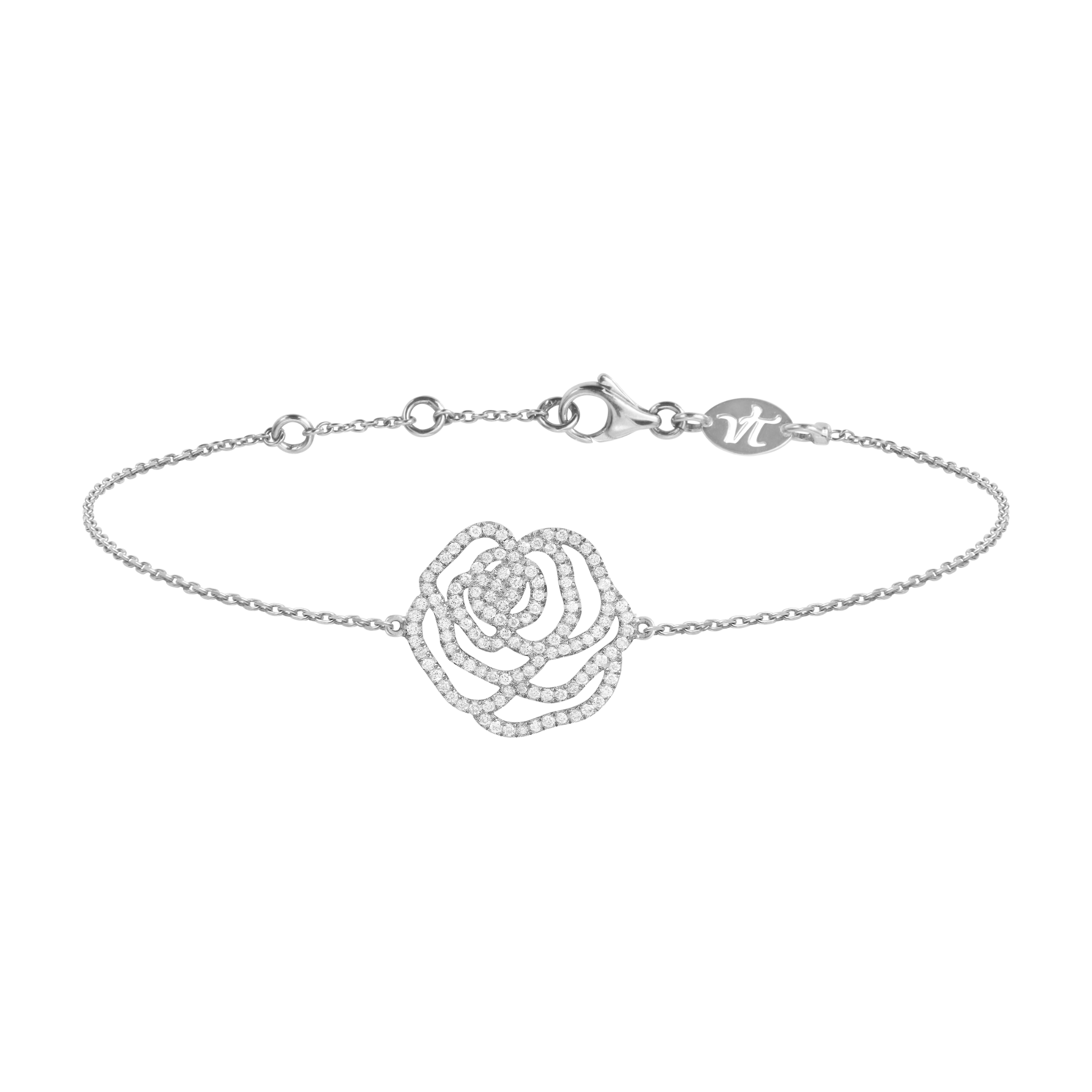 Bracelet d'exception fleur la rose en or blanc et diamants pour femme. Fabriqué en France, ce bijou élégant et raffiné de joaillerie fine est très prisé des célébrités et est un cadeau de Noël, d'anniversaire ou de naissance idéal.