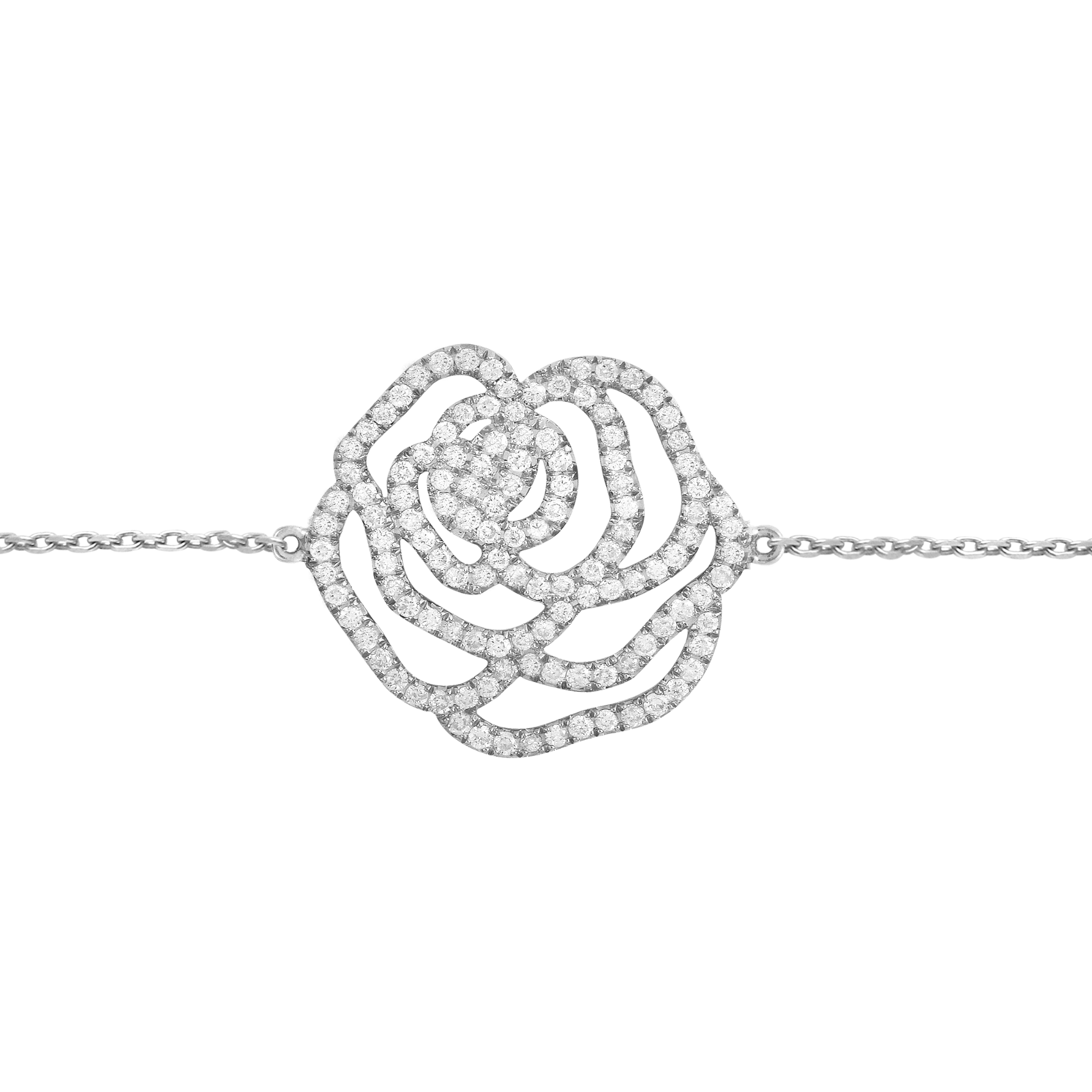 Bracelet d'exception fleur la rose en or blanc et diamants pour femme. Fabriqué en France, ce bijou élégant et raffiné de joaillerie fine est très prisé des célébrités et est un cadeau de Noël, d'anniversaire ou de naissance idéal.