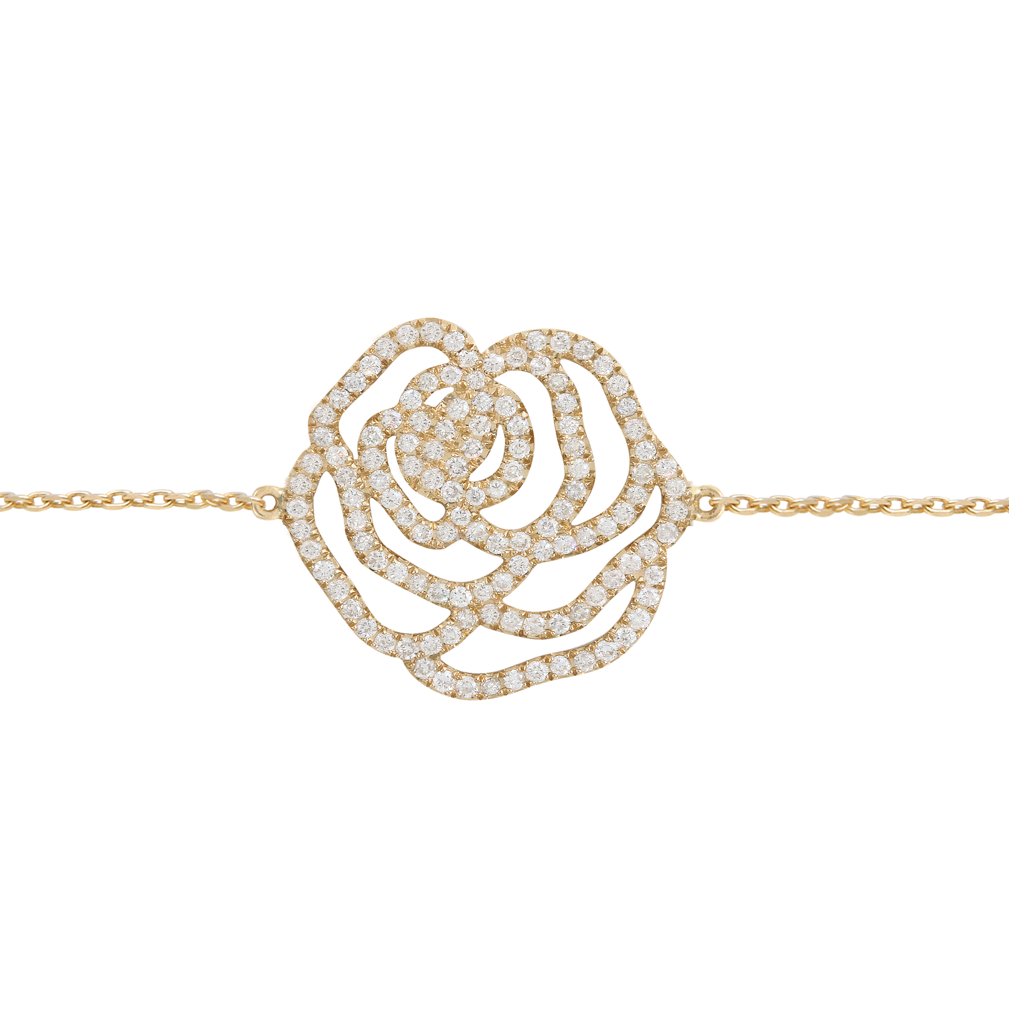 Bracelet d'exception fleur la rose en or jaune et diamants pour femme. Fabriqué en France, ce bijou élégant et raffiné de joaillerie fine est très prisé des célébrités et est un cadeau de Noël, d'anniversaire ou de naissance idéal.