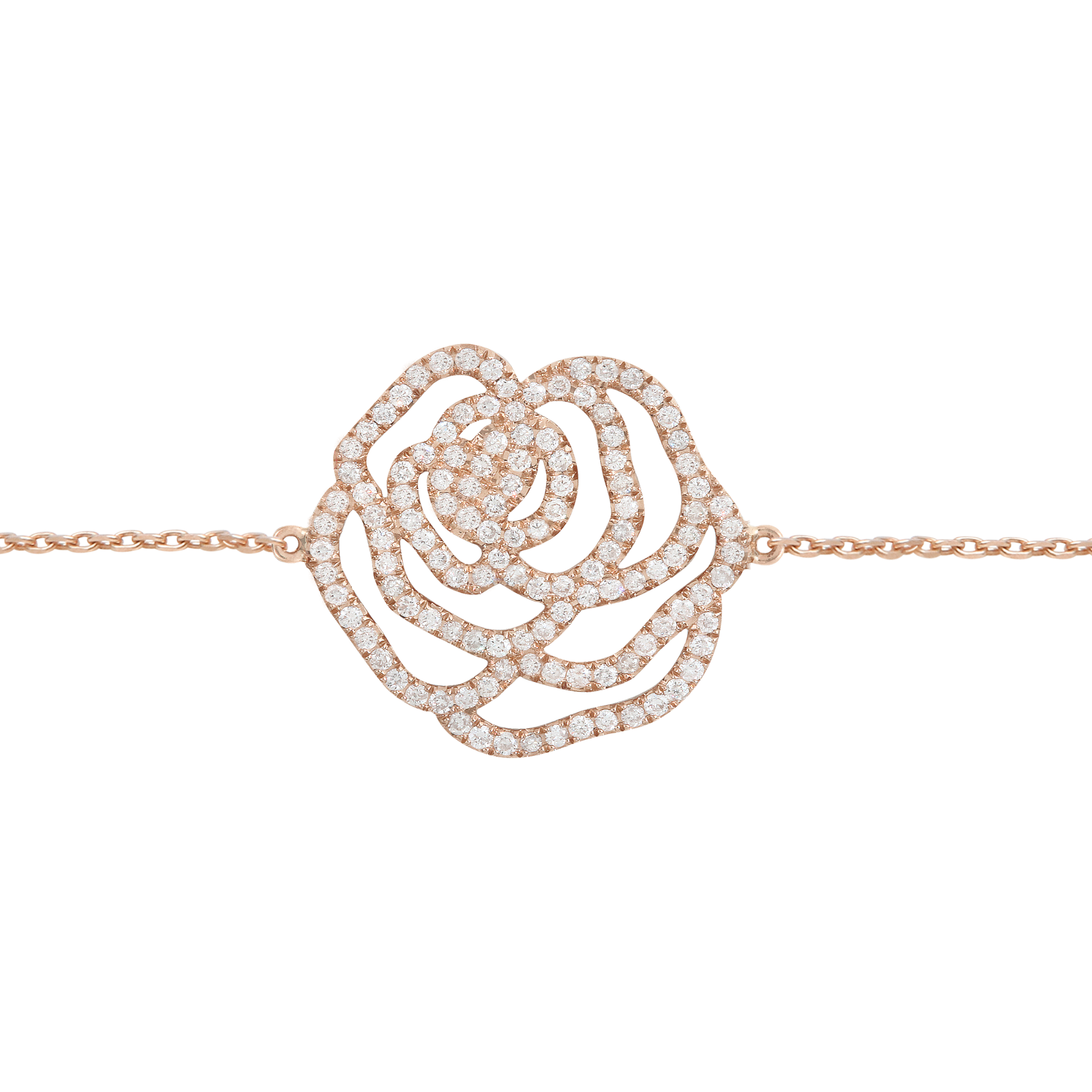 Bracelet d'exception fleur la rose en or rose et diamants pour femme. Fabriqué en France, ce bijou élégant et raffiné de joaillerie fine est très prisé des célébrités et est un cadeau de Noël, d'anniversaire ou de naissance idéal.