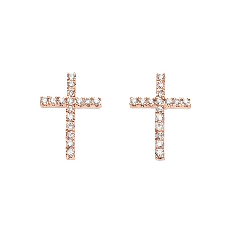 Boucles d'oreilles puces croix en diamants et or rose fabriqué en France est un bijou piercing pour femmes. c'est un cadeau idéal pour Noël, anniversaire, mariage ou naissance.