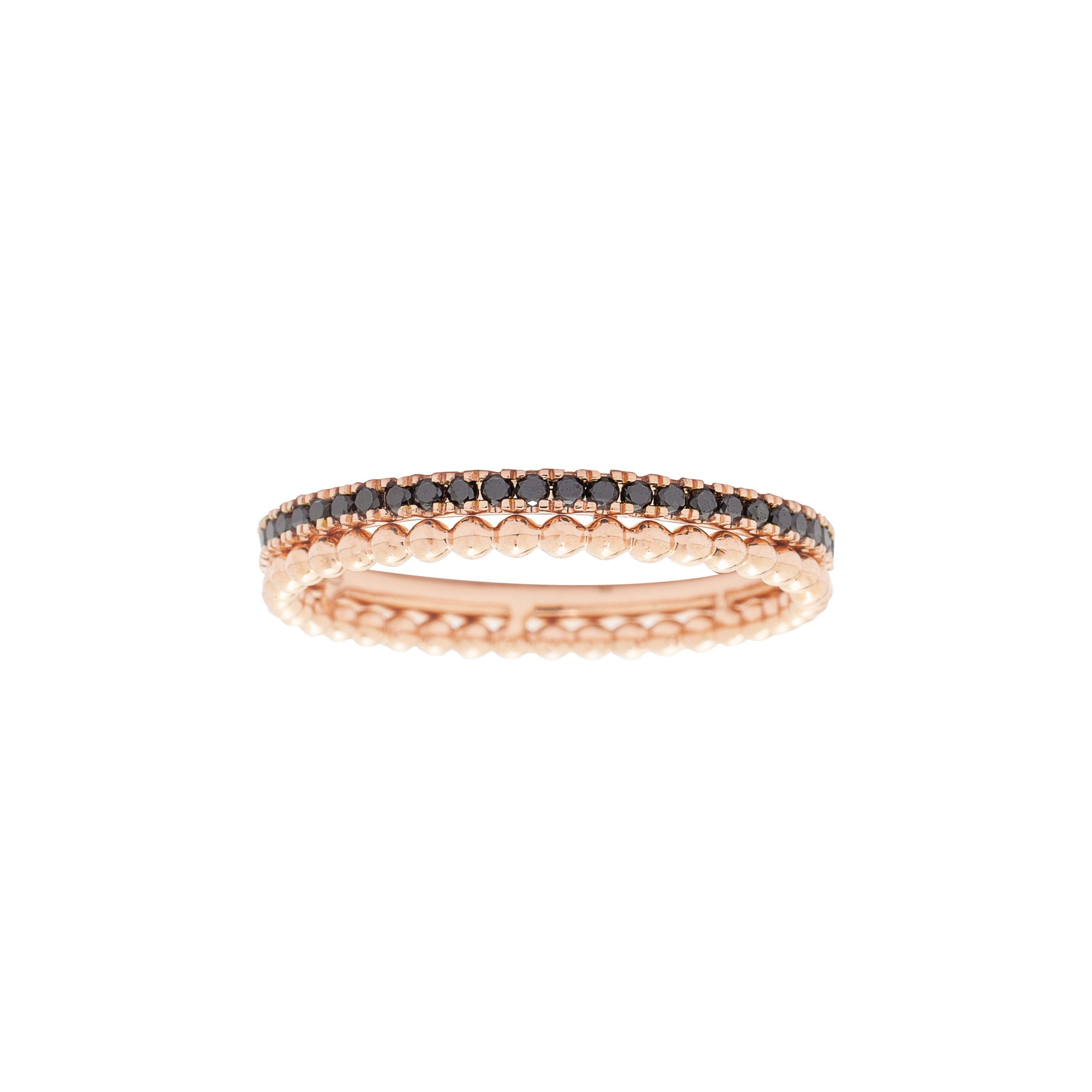 bague en or rose et diamants noirs à superposer ou à accumuler est prisé par les stars et célébrités. Ce bijou de joaillerie fine fabriqué en France est un cadeau idéal pour l'anniversaire d'une femme.