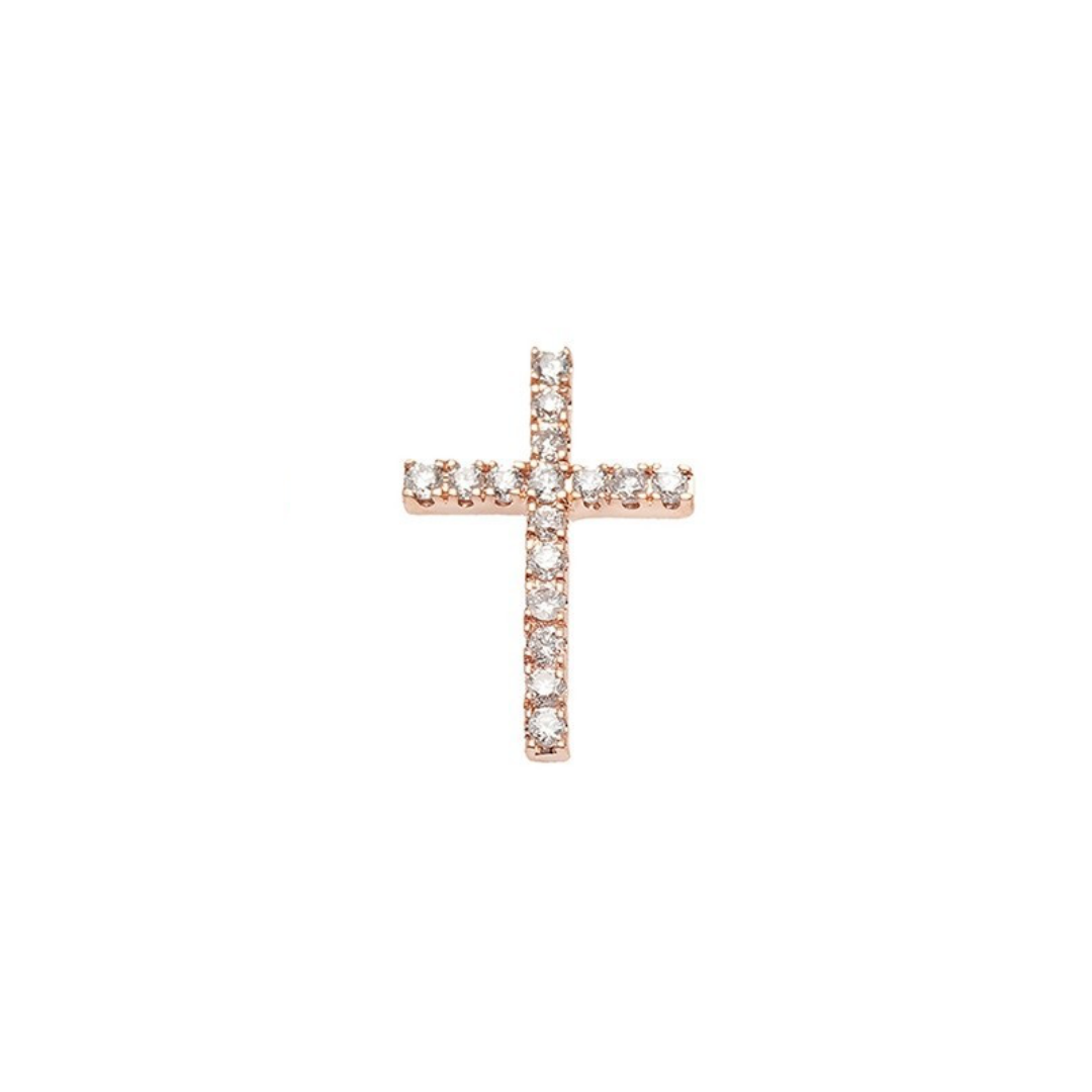 Boucle d'oreille puce croix en diamants et or rose fabriquée en France est un bijou piercing pour femmes. C'est un cadeau idéal pour Noël, anniversaire, mariage.