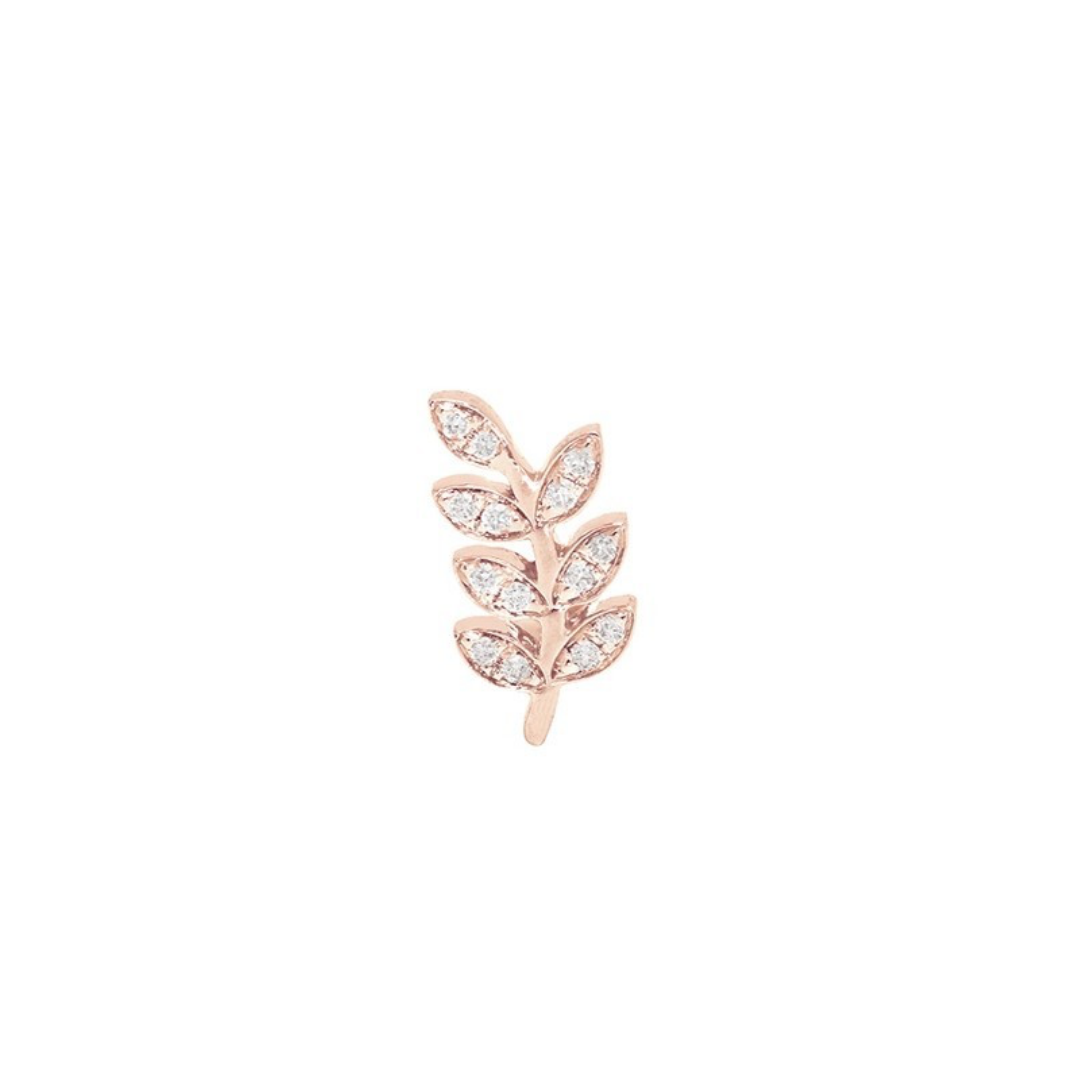 Mono boucle d'oreille montante en or rose et diamants pour femme. Bijou feuille d'acacia symbole de la franc-maçonnerie et fabriqué en France. Cadeau d'amour, d'amitié, d'anniversaire ou de naissance.