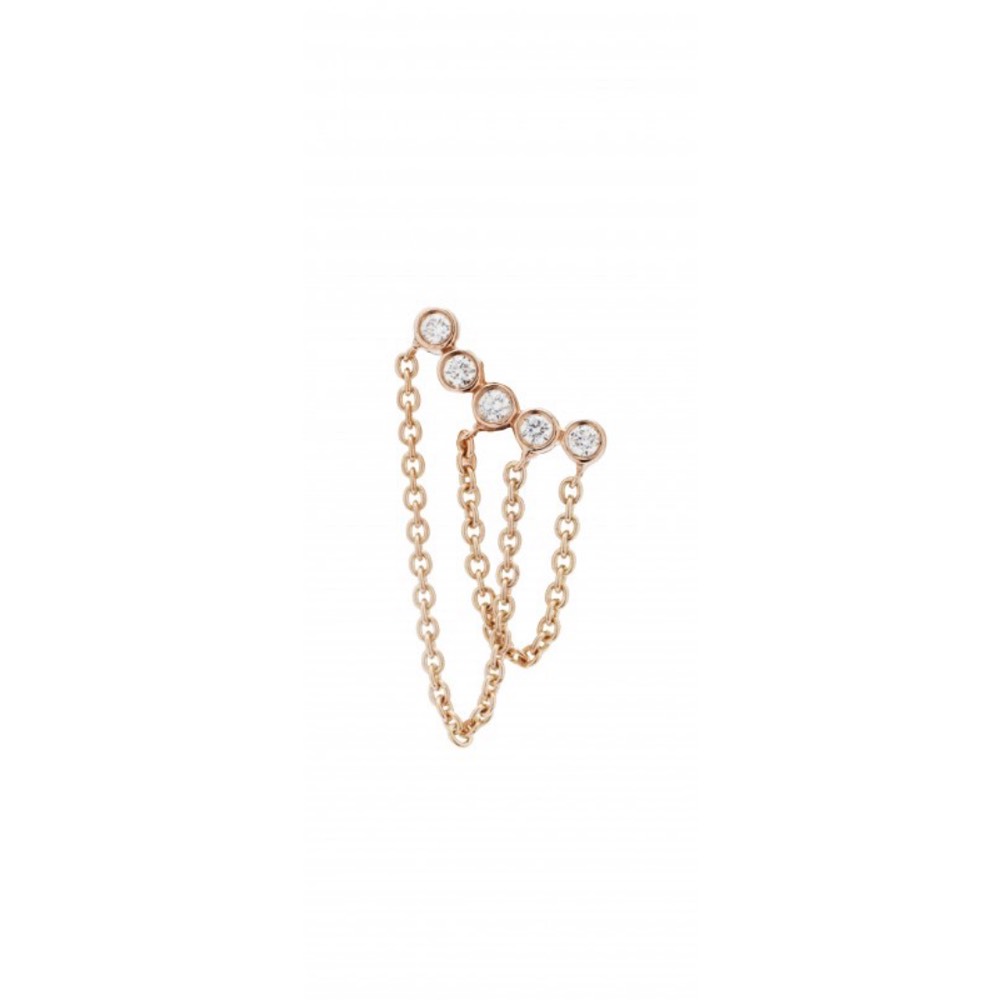 Mono boucle d'oreille montante avec une double chaîne en or rose et diamants. Bijou rock chic fabriqué en France. Marque de Joaillerie fine portée par les célébrités. Cadeau de noël, d'anniversaire ou de mariage idéal.