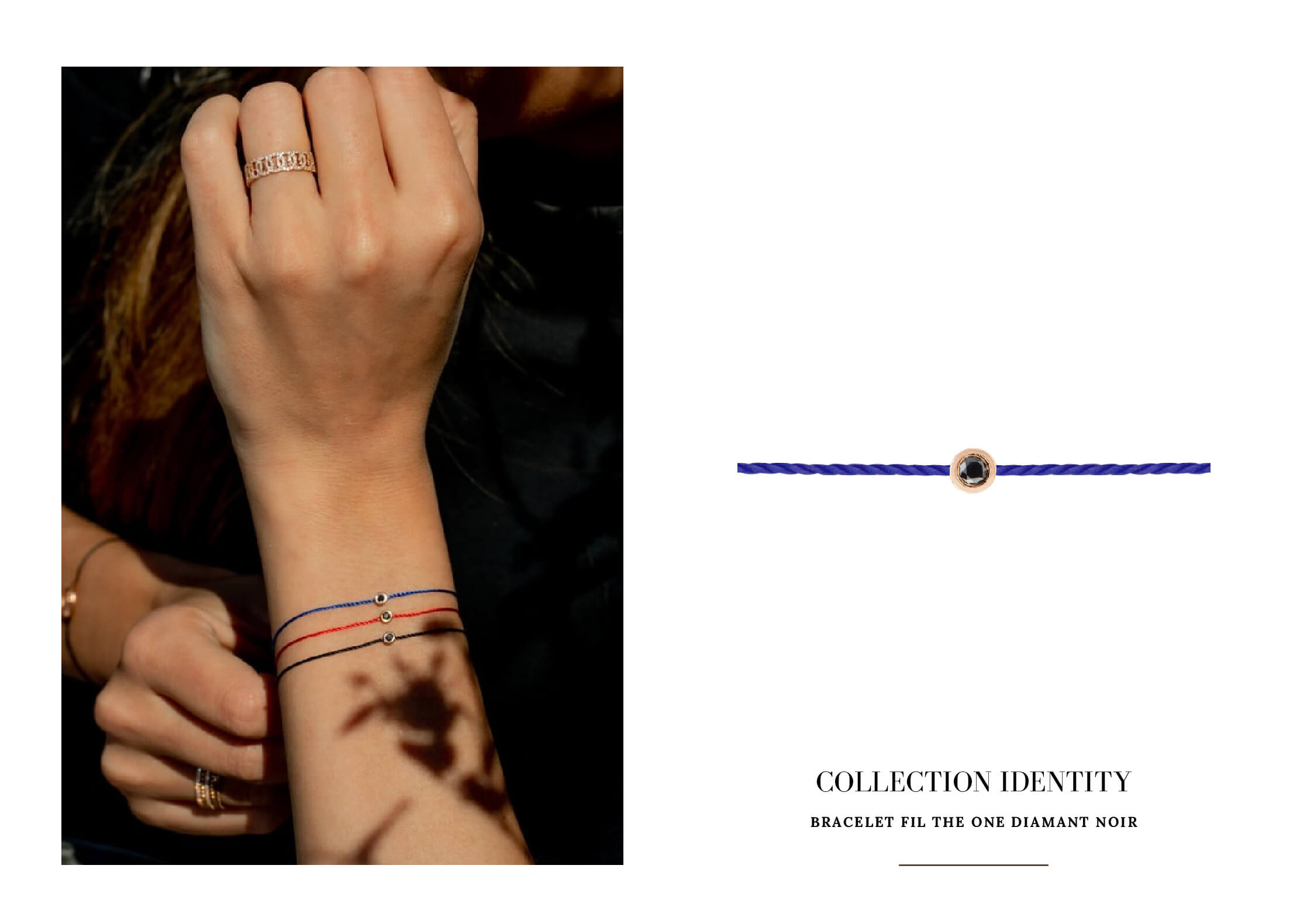 Bracelet diamant noir sur fil cordon de couleur pour femme est un bijou tendance abordable, accessible et pas cher made in France, prisé par les stars et les célébrités, à superposer ou à accumuler et un cadeau d'anniversaire, d'amour ou d'amitié idéal.