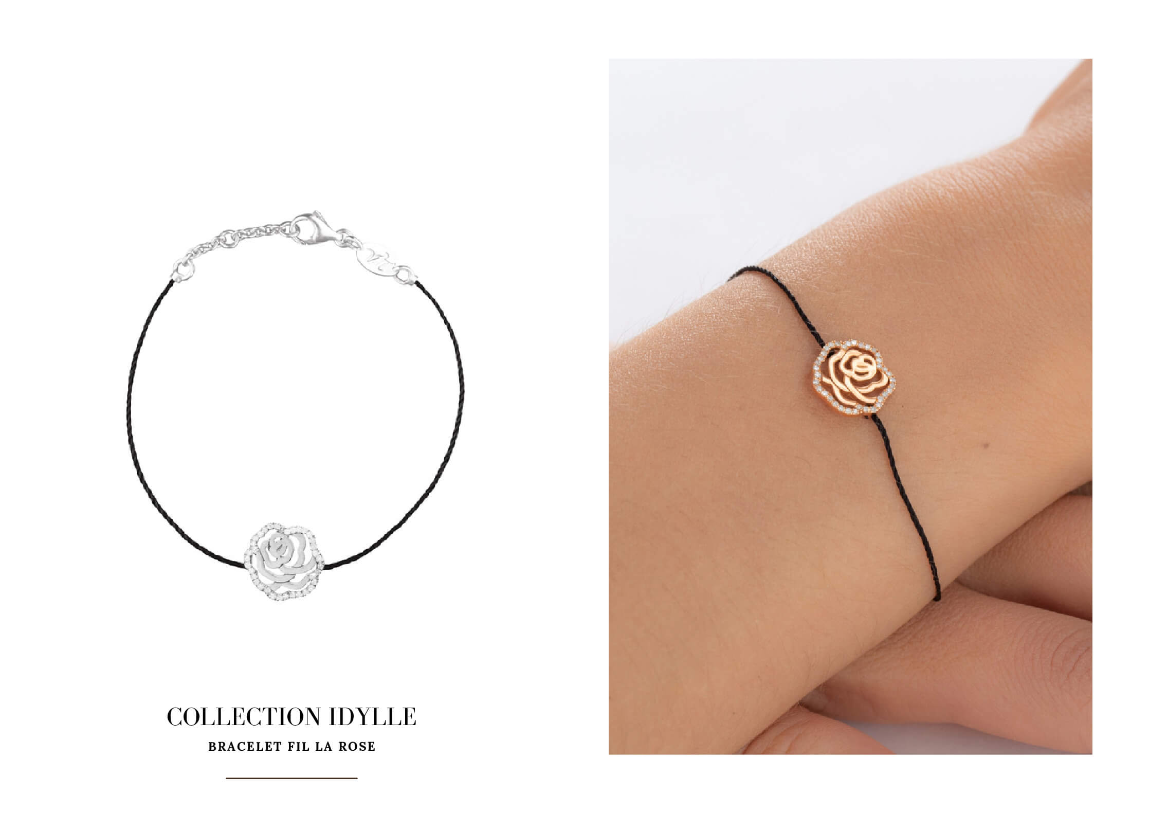 Bracelet fleur la rose en diamants sur fil cordon de couleur est un bijou abordable, accessible et pas cher pour femme et un cadeau original de noël, d'anniversaire, d'amour ou d'amitié idéal. Fabriqué en France.