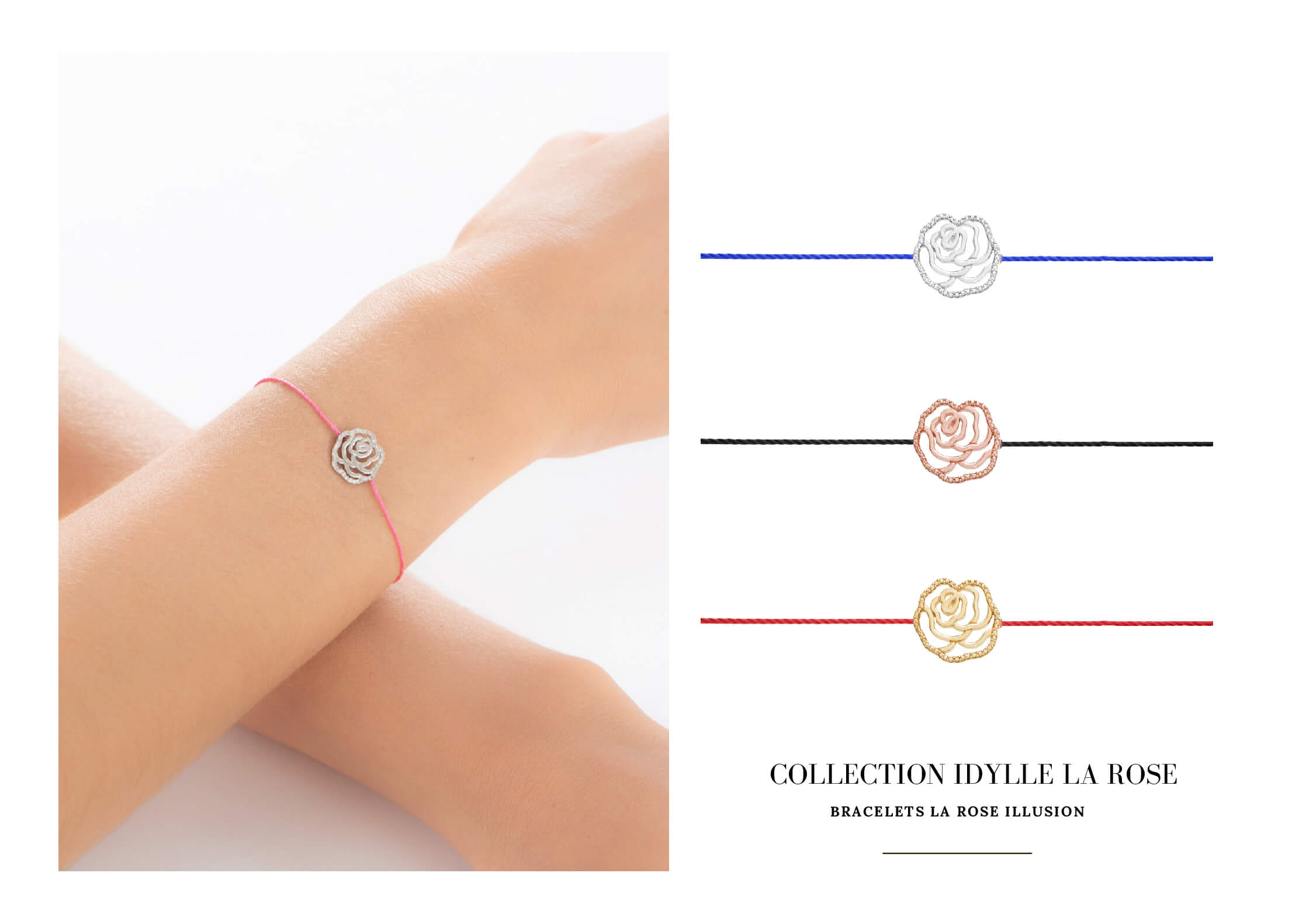 Bracelets fleur la rose sur fil cordon de couleur est un bijou abordable, accessible et pas cher pour femme et un cadeau original de noël, d'anniversaire, d'amour ou d'amitié idéal. Fabriqué en France.