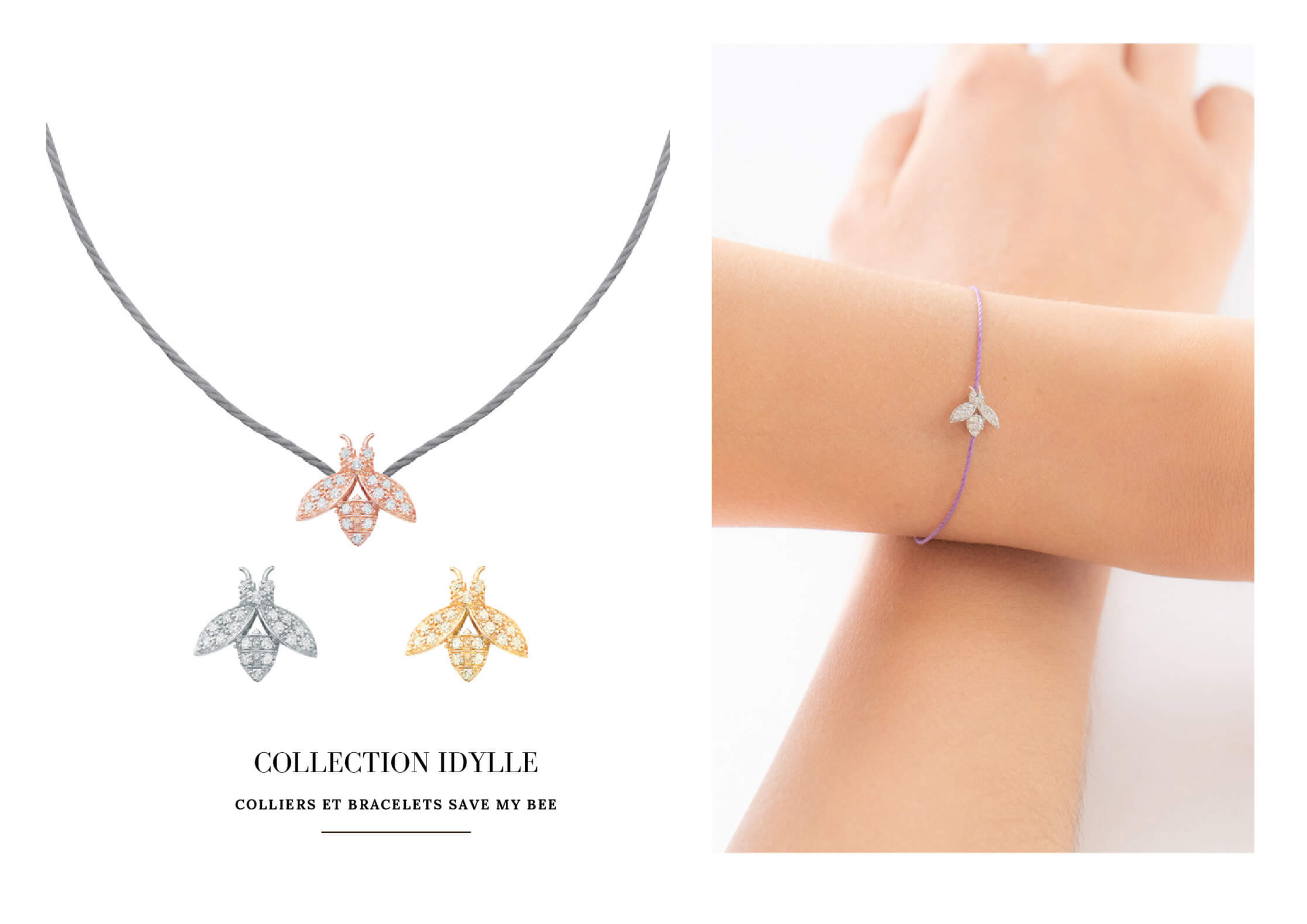 Bracelet abeille en diamants sur fil cordon de couleur est un bijou abordable, accessible et pas cher pour femme et un cadeau original de noël, d'anniversaire, d'amour ou d'amitié idéal. Fabriqué en France.