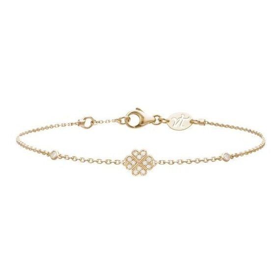 Bracelet trèfle porte-bonheur en or jaune et diamants fabriqué en France est un cadeau d'amour ou d'amitié idéal pour un anniversaire et un bijou symbole de chance.