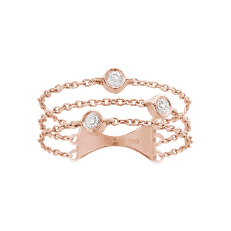 Bague multi-chaînettes en or rose et diamants solitaires est un bijou de joaillerie fine fabriqué en France, cadeau idéal pour un anniversaire, des fiançailles ou un mariage.
