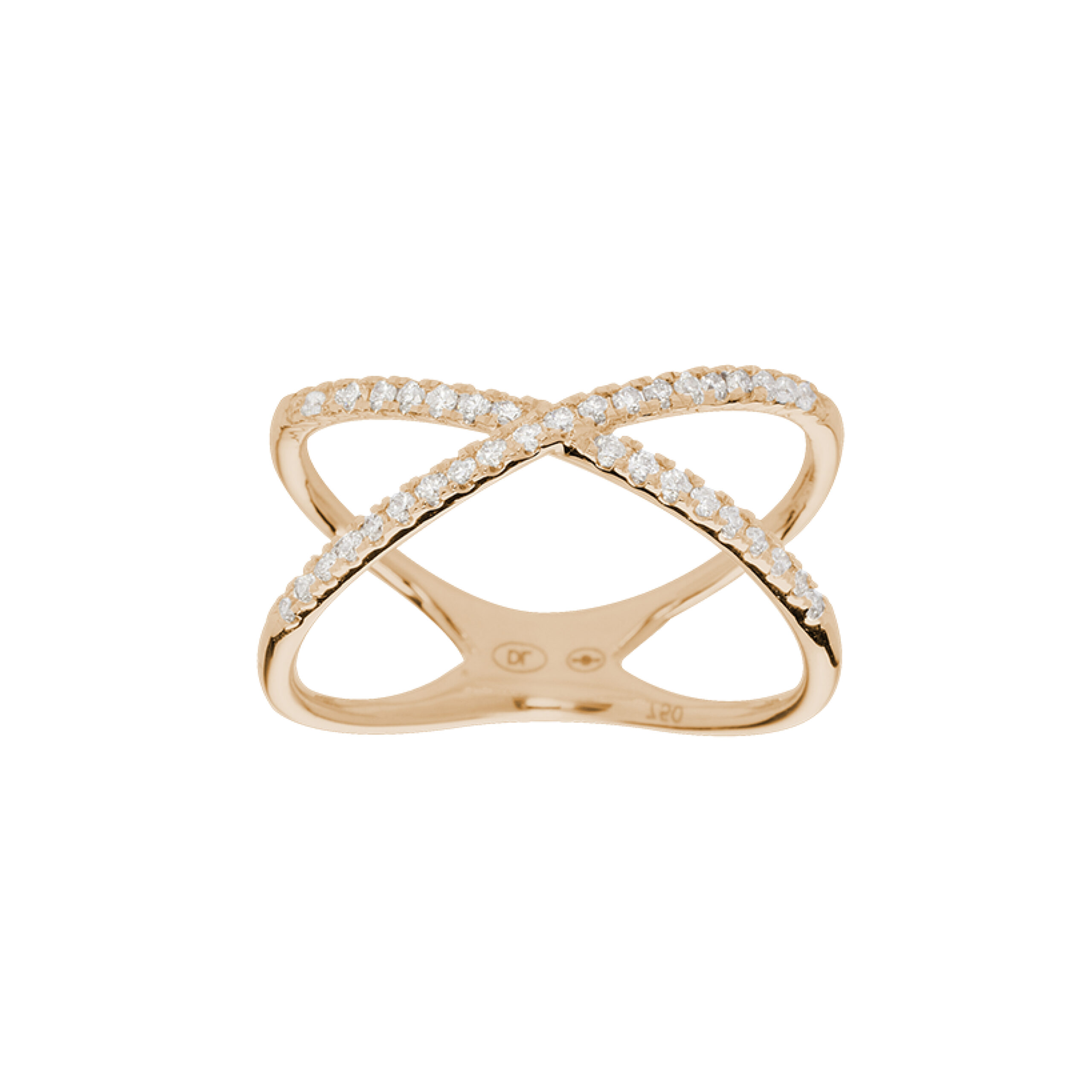 Bague croisée tendance et à la mode en or rose et en diamants pour femmes, bijou de joaillerie fine fabriquée en France, bijou idéal pour un cadeau d'anniversaire.