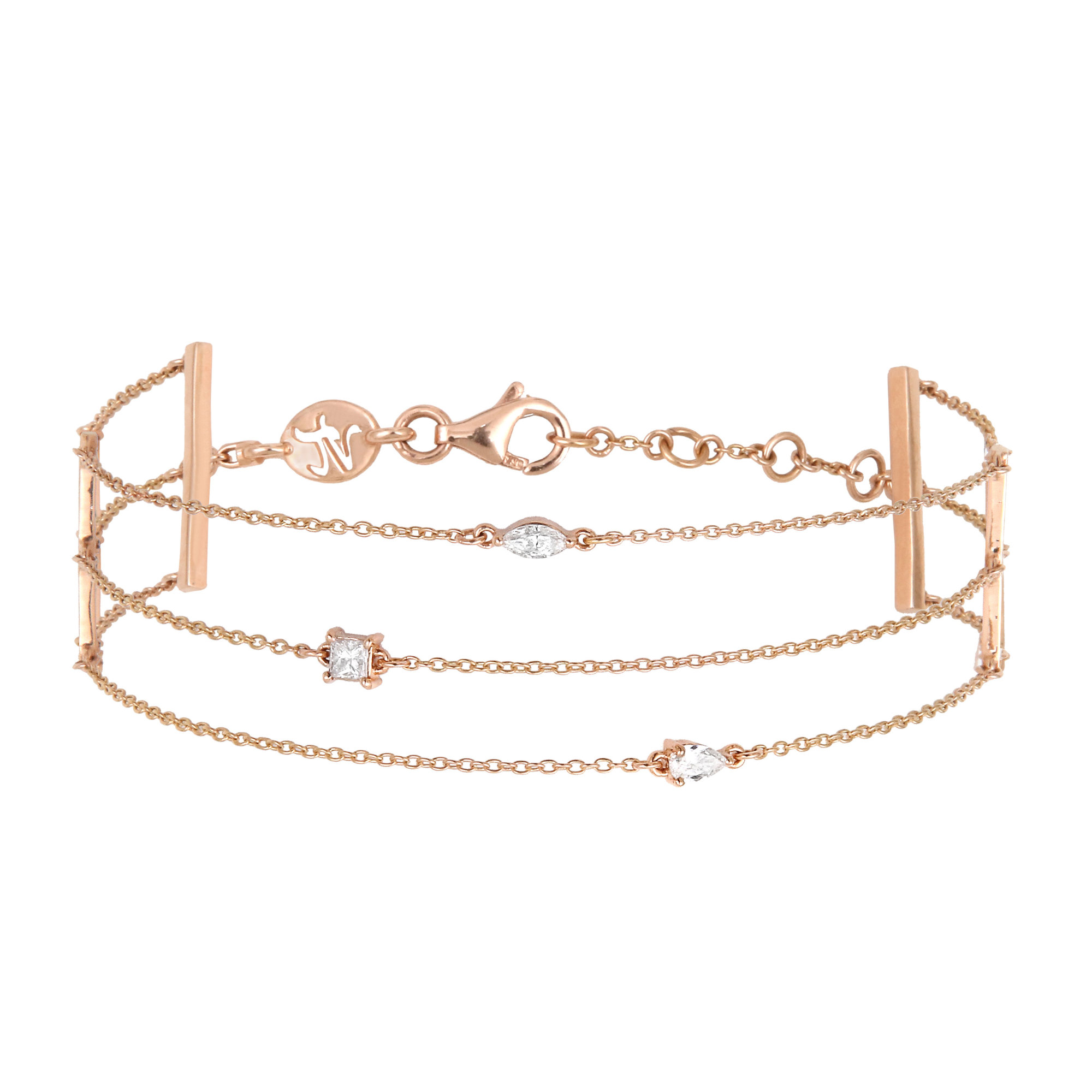 Bracelet multi-chaînettes en or rose et diamants poire, marquise et ovale est un bijou de joaillerie fine élégant, raffiné, mode et tendance fabriqué en France. Cadeau idéal pour un anniversaire, Noël, des fiançailles ou un mariage.